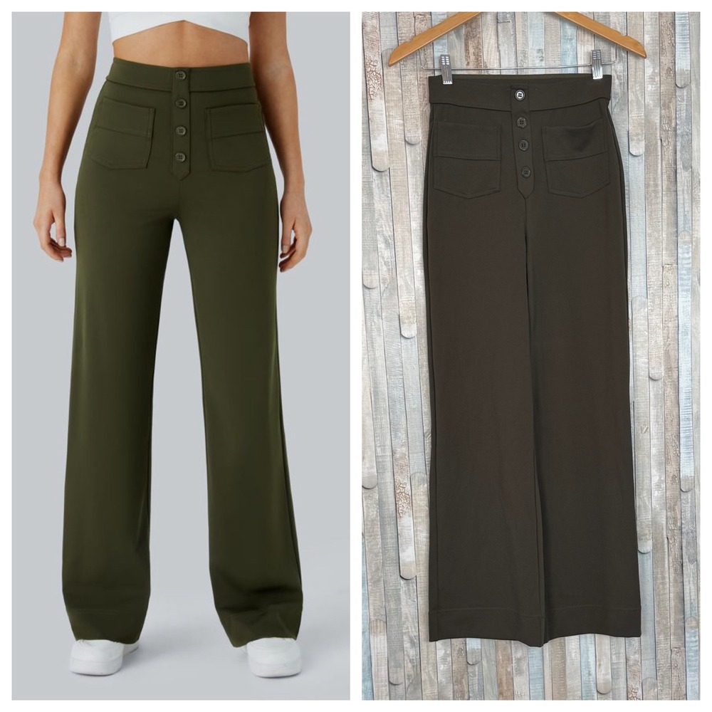 New Halara DayStretch Olive High Waisted Straight‎ Leg Pull On Pant Pockets XS